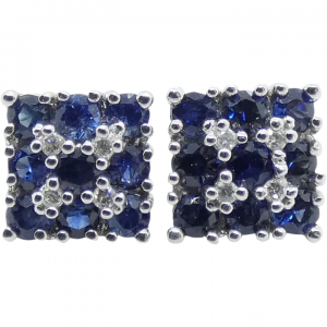 1.48 ctw Blue Sapphire & Diamond Square Cluster Earrings 14K
