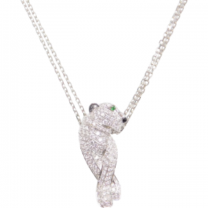 1.57 ctw Diamond Emerald and Onyx Panther Necklace 18k White Gold