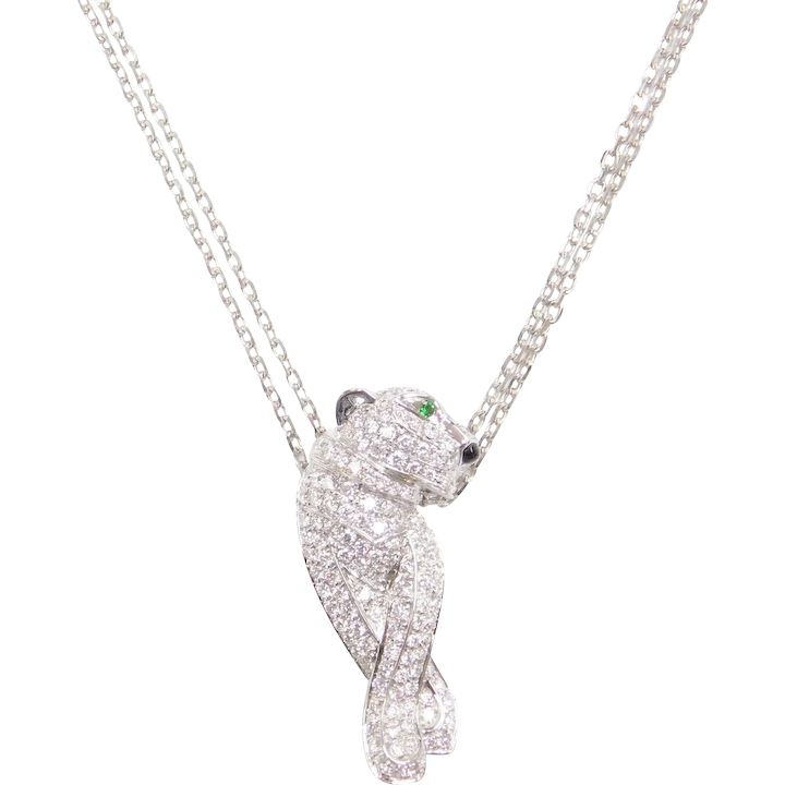 1.57 ctw Diamond Emerald and Onyx Panther Necklace 18k White Gold