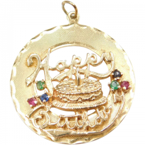 14k Gold Big Happy Birthday Charm with Ruby Emerald and Sapphires