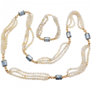 14k Gold Blue Mother of Pearl and Chalcedony Long Necklace and Bracelet Set