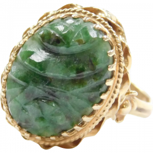 14k Gold Carved Jade Ring Circa 1950's