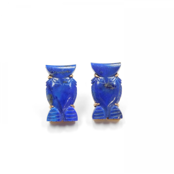 Gold carved lapis lazuli owl earrings