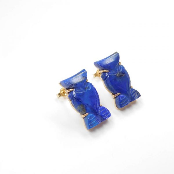 Gold carved lapis lazuli owl earrings