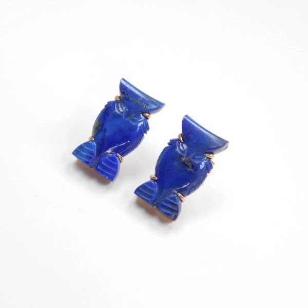 Gold carved lapis lazuli owl earrings