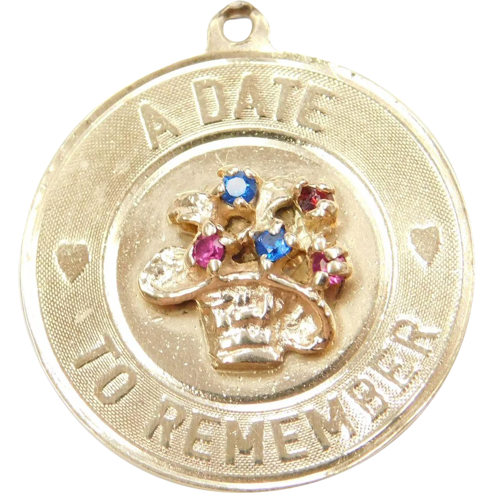 14k Gold A Date To Remember Charm with Flower and Colorful Glass Accents ~ Anniversary