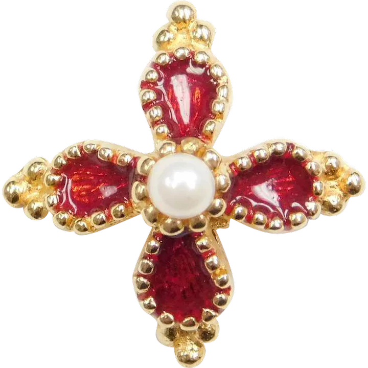 14k Gold Red Enamel and Cultured Pearl Cross Pendant / Charm