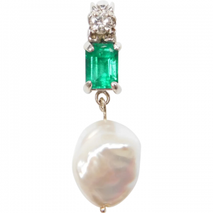 14k White Gold 1.40 ctw Natural Emerald Diamond and Baroque Pearl Pendant