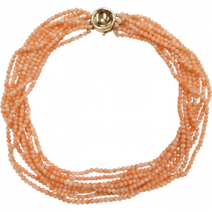 16" Angel Skin Coral 8 Strand Bead Necklace 14k Gold
