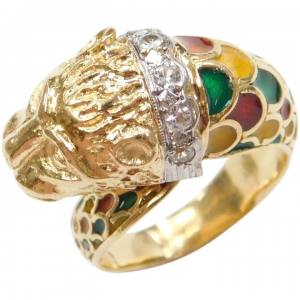 Vintage 18k Gold Enamel Lion Bypass Ring
