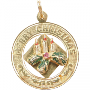1960's 14k Gold Merry Christmas Charm with Enamel and Ruby Detail