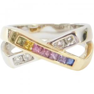 Colorful Rainbow Sapphire and Diamond X Ring