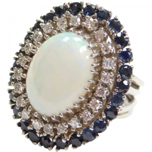 6.01 ctw Opal Diamond and Sapphire Double Halo Ring 14k White Gold