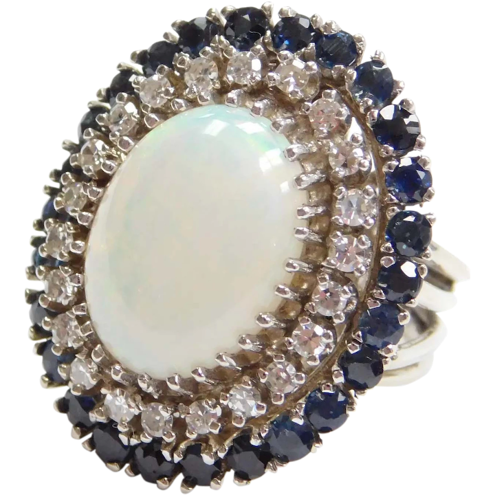 6.01 ctw Opal Diamond and Sapphire Double Halo Ring 14k White Gold