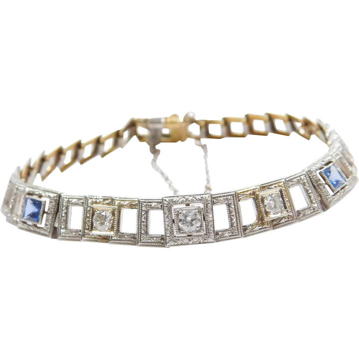 Art Deco Diamond and Sapphire Bracelet Platinum, 14k Yellow Gold, 1.39 Carat TW