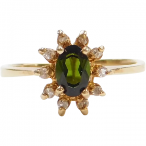 Gold Green Tourmaline and Diamond Halo Ring