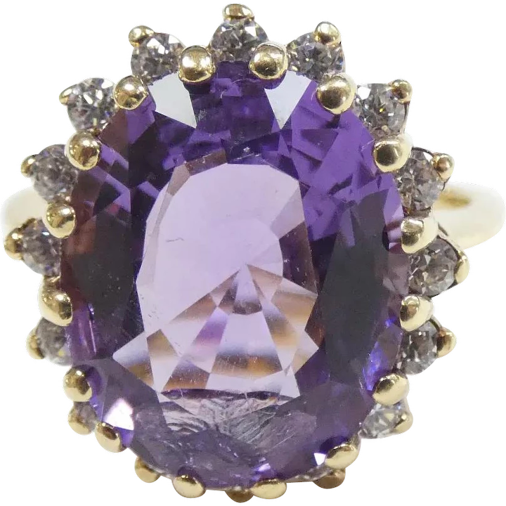 7.00 ct Amethyst & .80 ctw Faux Diamond Halo Ring 14k Yellow Gold