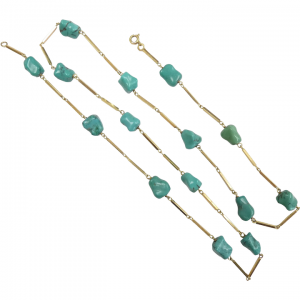 Alternating Turquoise Bead and Straight Bar Link Necklace 27 1/2" 18k Yellow Gold