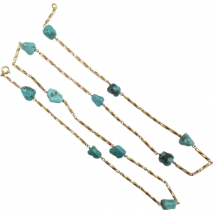 Alternating Turquoise Bead and Twisted Bar Link Necklace 26" 18k Yellow Gold
