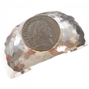 Ancient Constantine I Coin Roman Empire 307-337 AD in Hammered Cuff Bracelet 14k Gold and Sterling Silver