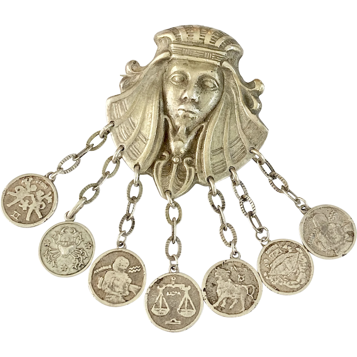 Antique Egyptian Revival Pendant/Brooch with Seven Zodiac Charms
