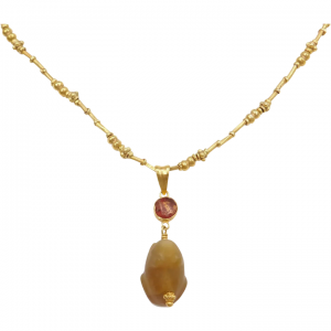 Antique Handmade Pre-Colombian Carved Quartz Frog Necklace 22k Gold