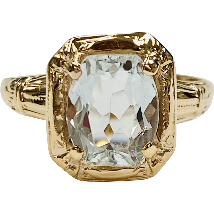 1.40 Carat Aquamarine Vintage Ring Cushion Cut 10K Rose Gold