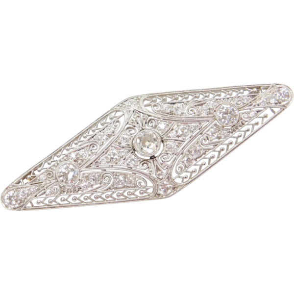 Art Deco 1.74 ctw Diamond Filigree Pin / Brooch Platinum