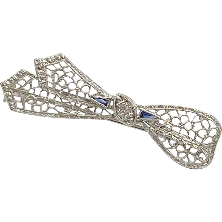 Art Deco Era BOW Pin Brooch 14K Filigree Diamond and Sapphire