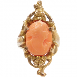 Art Nouveau Carved Angel Skin Coral Cameo Flower Ring