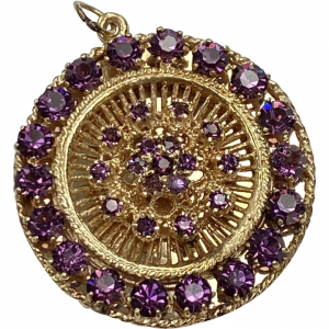 BIG Jeweled Vintage Disk Charm or Pendant 14K Gold