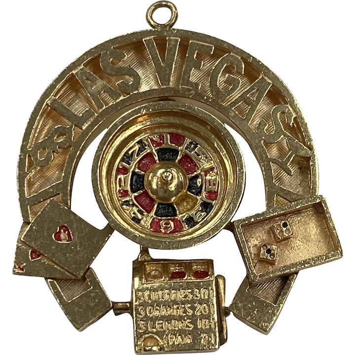 BIG Las Vegas Vintage Charm Pendant 14K Gold and Enamel