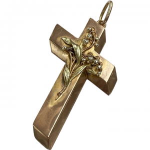 BIG Victorian Cross Pendant Lilly of The Valley Flower 10K Rose & Yellow Gold