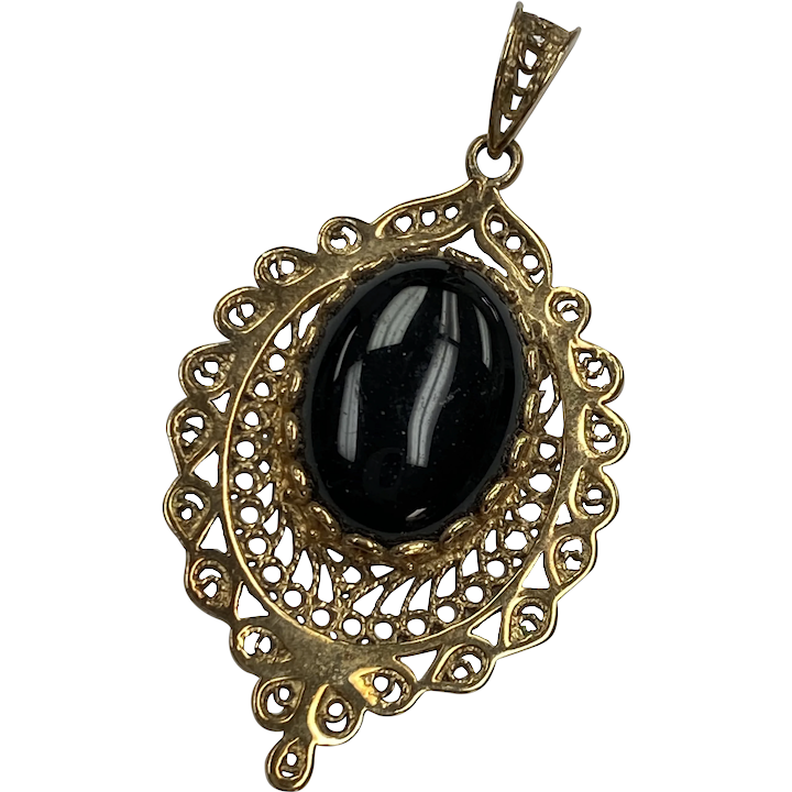 Filigree Vintage Onyx Pendant, Sterling Silver