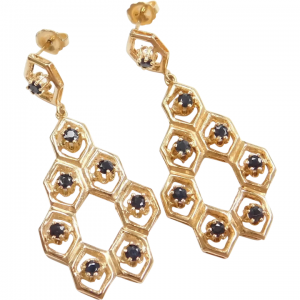 Big Natural Sapphire 1.60 ctw Dangle Earrings 14k Gold Honeycomb Design