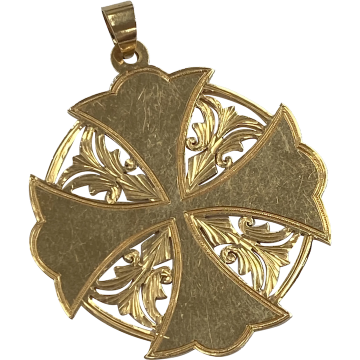 Big Ornate Vintage Cross Pendant 18K Gold