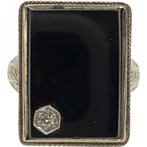 Big Rectangular Art Deco Onyx Ring 14K with Diamond