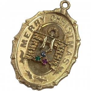 Big Vintage Jeweled Christmas Charm 14K Gold Fireplace Design