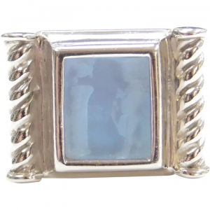 Blue Glass Carved Intaglio Ring 14k White Gold