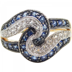 Blue and White Sapphire Wave Ring 14k