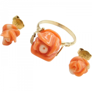 Carved Rose Flower Angel Skin Coral Ring and Stud Earrings Set