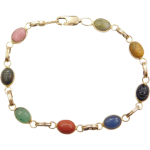Colorful Carved Scarab Vintage Bracelet 14K Gold