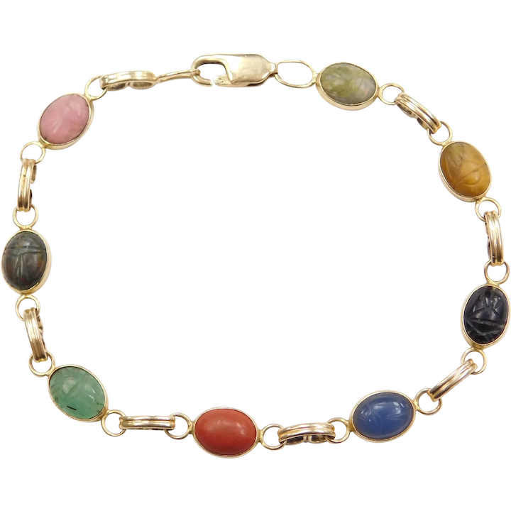 Colorful Carved Scarab Vintage Bracelet 14K Gold