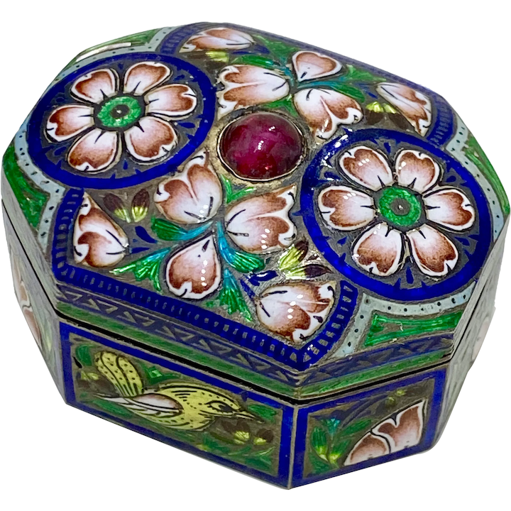 Colorful Champlevé Enamel Box Gold Gilt on Sterling Silver Tourmaline Accent