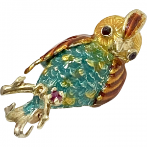 Colorful Quail Bird Pin/Brooch 14K Gold Ruby & Enamel