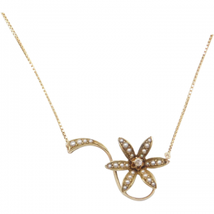 Diamond and Seed Pearl Flower Necklace 19 1/2" 14k Gold