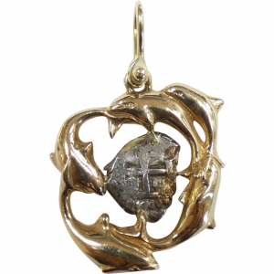 Dolphins in Circle with Ship Wreck Coin Pendant / Charm 14k Yellow Gold