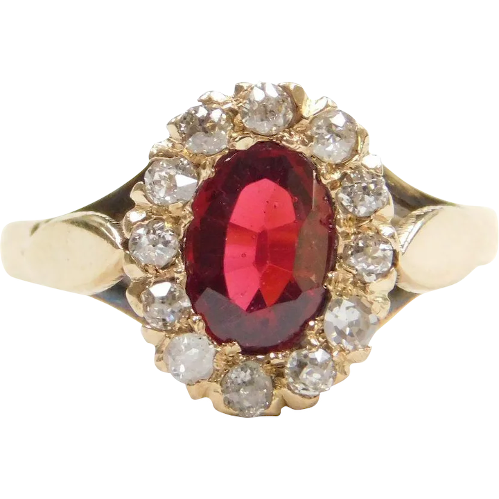 Edwardian 1.24 ctw Garnet and Diamond Halo Ring 14k Gold ~ Early 1900’s