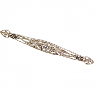 Edwardian .10 ctw Sapphire and Diamond Flower Bar Pin Brooch 14k White Gold