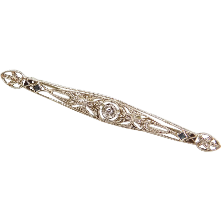 Edwardian .10 ctw Sapphire and Diamond Flower Bar Pin Brooch 14k White Gold